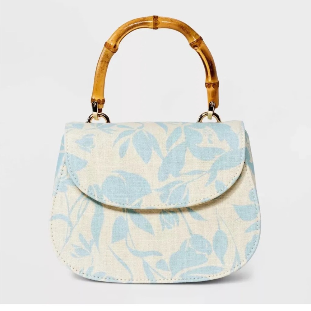 Floral Blue and White Handbag with Bamboo Handle